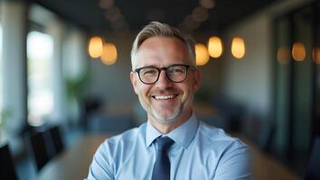 Confident smiling middle aged businessman executive and manager stands in office wearing glasses poses for headshot close up portrait showcasing professionalism and maturity concep Realistic Set 2 photo