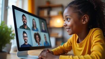 Cute African girl participates in distance learning via virtual online class conference call with teacher tutor and peers studying together at home on computer concept as Cut Realistic Set photo