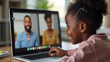Cute African girl participates in distance learning via virtual online class conference call with teacher tutor and peers studying together at home on computer concept as Cut Realistic Set 2 photo
