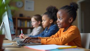 Cute African Girl Engaged in Distance Learning Virtual Online Class Conference with Teacher and Peers Study Together at Home on Computer Stock Photo Concept with Empty S Realistic Set
