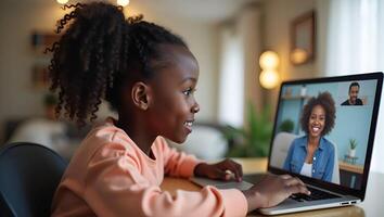 Cute African girl participates in distance learning via virtual online class conference call with teacher tutor and peers studying together at home on computer concept as Cut Realistic Set 5 photo