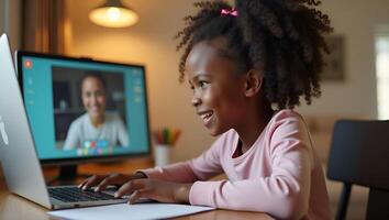 Cute African girl participates in distance learning via virtual online class conference call with teacher tutor and peers studying together at home on computer concept as Cut Realistic Set 3 photo