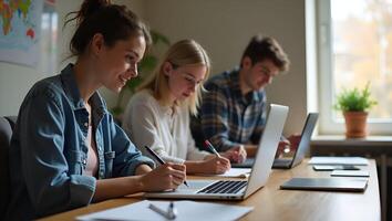 Young Female Student Engages in E Learning and Remote Work at Home Office Laptop Use for Webinars Online Training and Digital Education with Note Taking at Table Stock Photo C Realistic Set