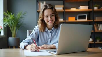 Young Female Student Engages in E Learning and Remote Work at Home Office Laptop Use for Webinars Online Training and Digital Education with Note Taking at Table Stock Photo C Realistic Set 2