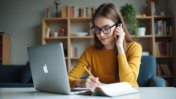 Young Female Student Engages in E Learning and Remote Work at Home Office Laptop Use for Webinars Online Training and Digital Education with Note Taking at Table Stock Photo C Realistic Set 3