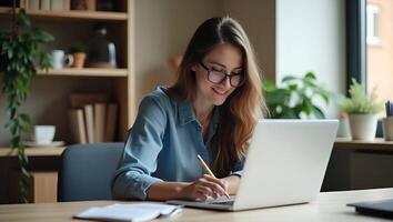 Young Female Student Engages in E Learning and Remote Work at Home Office Laptop Use for Webinars Online Training and Digital Education with Note Taking at Table Stock Photo C Realistic Set 4