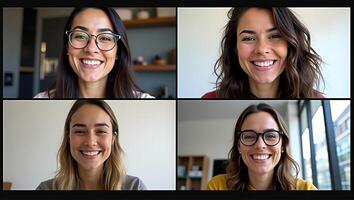 Four Happy Multicultural Friends Enjoying a Virtual Call A Diverse Group of Young Women Connecting Online During Social Distancing Stock Photo Concept with Empty Space for Realistic Set