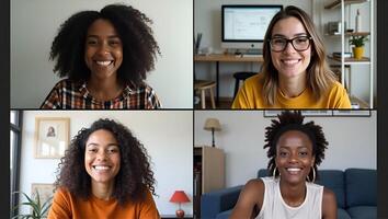 Four Happy Multicultural Friends Enjoying a Virtual Call Social Distance Chat and Connection Through Online Conferencing Stock Photo Concept with Empty Space Realistic Set