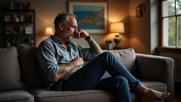 Dreamy Relaxed Mature Tattooed Hipster Man Reflecting at Home Stylish Mid Aged Bearded Guy Sitting on Couch in Pensive Calm Mood Stock Photo Concept with Empty Space Realistic Set