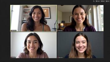 Four happy multicultural diverse friends young women talk during online virtual chat call in group conference social distance chat virtual meeting Computer videocall app mon Realistic Set 2 photo