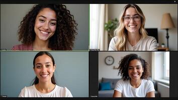 Four happy multicultural diverse friends young women talk during online virtual chat call in group conference practicing social distance virtual meeting via computer videocal Realistic Set 3 photo