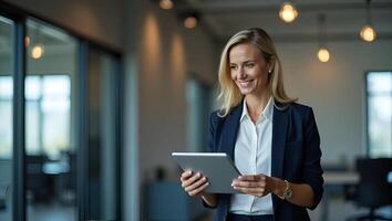 Flat Mature businesswoman entrepreneur digital tablet in hand projecting authority while building profitable HR solutions in office setting concept as Confident 40 year old female Realistic Set 4 photo