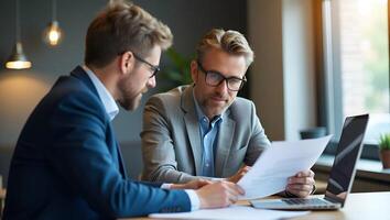 Focused Corporate Partners Collaborate on Financial Goals A Illustration of Strategic Alignment and Practical Synergy in Business Document Review Realistic Set 2 photo