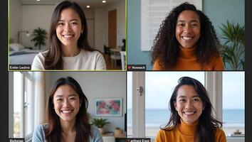 Four Happy Multicultural Friends Enjoying a Virtual Call Embracing Diversity and Social Distancing in Online Group Chats Stock Photo Concept with Space for Text Realistic Set 2