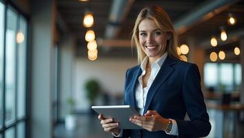 Flat Mature businesswoman entrepreneur digital tablet in hand projecting authority while building profitable HR solutions in office setting concept as Confident 40 year old female Realistic Set photo