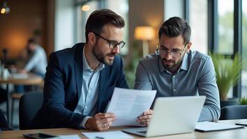 Focused Corporate Partners Collaborate on Financial Goals A Illustration of Strategic Alignment and Practical Synergy in Business Document Review Realistic Set photo