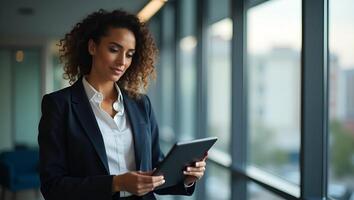 Flat Mature businesswoman entrepreneur digital tablet in hand projecting authority while building profitable HR solutions in office setting concept as Confident 40 year old female Realistic Set 2 photo