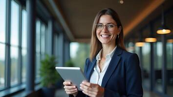 Flat Mature businesswoman entrepreneur digital tablet in hand projecting authority while building profitable HR solutions in office setting concept as Confident 40 year old female Realistic Set 3 photo