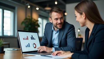 Flat Male executive manager presenting project plan to female partner fueling teamwork and structured success using laptop in office concept as Two busy leaders collaborate sharin Realistic Set 4 photo