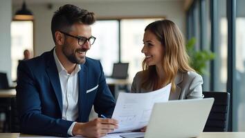 Flat Male executive manager presenting project plan to female partner fueling teamwork and structured success using laptop in office concept as Two busy leaders collaborate sharin Realistic Set 2 photo