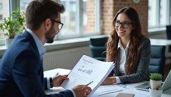 Flat Male executive manager presenting project plan to female partner fueling teamwork and structured success using laptop in office concept as Two busy leaders collaborate sharin Realistic Set 3 photo