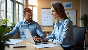 Flat Male executive manager presenting project plan to female partner fueling teamwork and structured success using laptop in office concept as Two busy leaders collaborate sharin Realistic Set photo