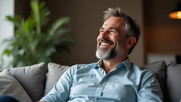 Serene Lifestyle Flat Relaxed 50 Year Old Bearded Man in Casual Shirt Radiating Comfort and Positivity at Home A Modern Interior Illustration of Personal Space and Restful Balan Realistic Set photo