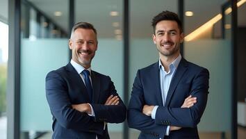 Flat Illustration of Two Confident Executive Partners in Modern Corporate Setting Symbolizing Leadership Synergy Professional Trust and Shared Vision for Business Growth Realistic Set photo