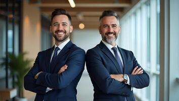 Flat Two confident executive partners standing arms crossed representing leadership synergy in modern corporate setting concept as Bright posture underscores success highlighting Realistic Set 2 photo