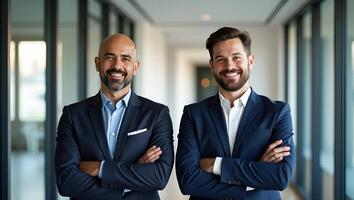 Flat Two confident executive partners standing arms crossed representing leadership synergy in modern corporate setting concept as Bright posture underscores success highlighting Realistic Set 3 photo
