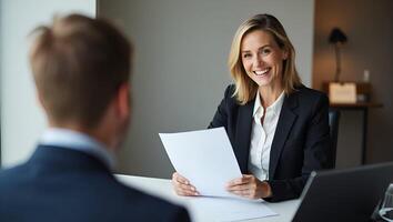 Flat Smiling mature business woman hr holding CV document at job interview Happy mid aged professional banking manager or lawyer consulting client sitting at workplace in corporat Realistic Set 4 photo