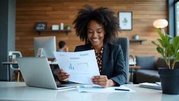 Flat Professional busy young African American business woman account manager executive checking document financial report using laptop checking file working with enterprise softwar Realistic Set photo