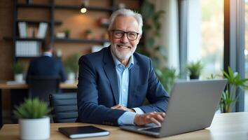 Flat Portrait of happy mid aged business man executive working on laptop in office Senior company manager investor using computer sitting at desk Smiling older professional busin Realistic Set 4 photo