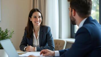 Flat Smiling professional female hr having job interview meeting with male recruit happy middle aged business woman financial advisor bank manager consulting client working in corp Realistic Set 4 photo