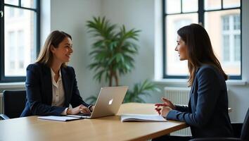 Flat Female Mentor and HR Manager Training Young Interns and Interviewing Job Seekers in a Safe Office Meeting Emphasizing Social Distancing and Workplace Safety in a Cute Realistic Set 2 photo