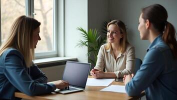 Flat Female mentor and HR manager train young intern and interview job seeker in office meeting practicing social distancing and safety at work concept as Female mentor and HR mana Realistic Set 2 photo