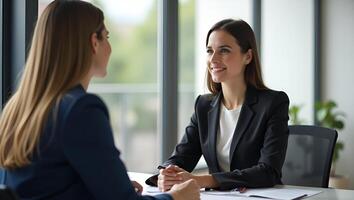 Flat Female Mentor and HR Manager Training Young Interns and Interviewing Job Seekers in a Safe Office Meeting Emphasizing Social Distancing and Workplace Safety in a Cute Realistic Set photo