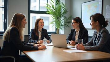 Flat Female mentor and HR manager train young intern and interview job seeker in office meeting practicing social distancing and safety at work concept as Female mentor and HR mana Realistic Set 4 photo