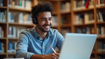 Flat Illustration of a Young Man in a Library with Wireless Headset Studying E Learning on Laptop Taking Notes and Attending Online Courses via Webinar Smart Business Co Realistic Set 2 photo