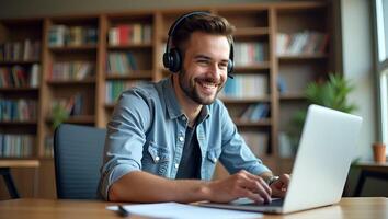 Flat Smiling young man with wireless headset studies e learning on laptop in library taking notes watching webinar online course concept as Young man in library with wireless heads Realistic Set 3 photo