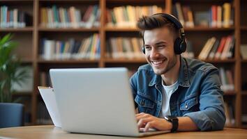 Flat Illustration of a Young Man in a Library with Wireless Headset Studying E Learning on Laptop Taking Notes and Attending Online Courses via Webinar Smart Business Co Realistic Set photo