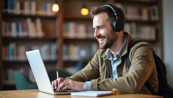 Flat Smiling young man with wireless headset studies e learning on laptop in library taking notes watching webinar online course concept as Young man in library with wireless heads Realistic Set photo