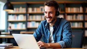 Flat Smiling young man with wireless headset studies e learning on laptop in library taking notes watching webinar online course concept as Young man in library with wireless heads Realistic Set 5 photo