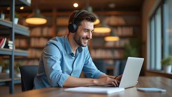 Flat Illustration of a Young Man in Library with Wireless Headset Studying E Learning on Laptop Taking Notes and Attending Online Courses via Webinar Realistic Set photo