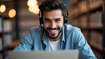 Flat Smiling young man with wireless headset studies e learning on laptop in library taking notes watching webinar online course concept as Young man in library with wireless heads Realistic Set 4 photo