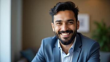 Flat Young happy Indian business executive smiles while looking at camera posing in office as professional teacher ethnic bearded entrepreneur or manager close up face headshot por Realistic Set 2 photo