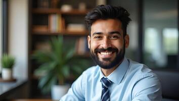 Flat Illustration of a Young Happy Indian Business Executive Smiling Professional Teacher and Entrepreneur in Office Headshot Portrait Realistic Set 2 photo