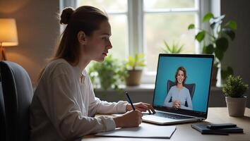 Flat Young Female Student Engaged in E Learning Using Laptop for Remote Work Attending Webinars and Taking Notes in a Home Office Setting Cute Illustration Realistic Set photo