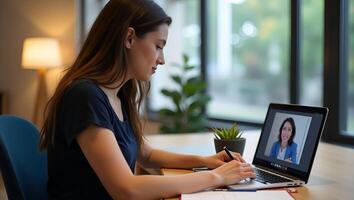 Flat Young female student uses laptop for e learning or remote work at home office watches webinar learns training studies online seminar or call meeting writes notes at desk Realistic Set 3 photo
