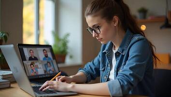 Flat Young female student uses laptop for e learning or remote work at home office watches webinar learns training studies online seminar or call meeting writes notes at desk Realistic Set 4 photo